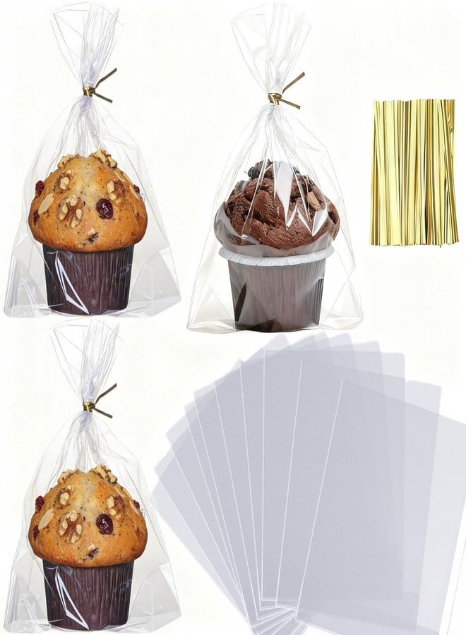 JCXGRVC 100 Pack 6"x7"x2.4" Cellophane Muffin Packaging with Gold Twist Ties Pro Grade Flat Bottom Design for Macarons Cupcakes Chocolate Treats Cookies Strawberries Reusable Resealable Bakery Bag - Image 1